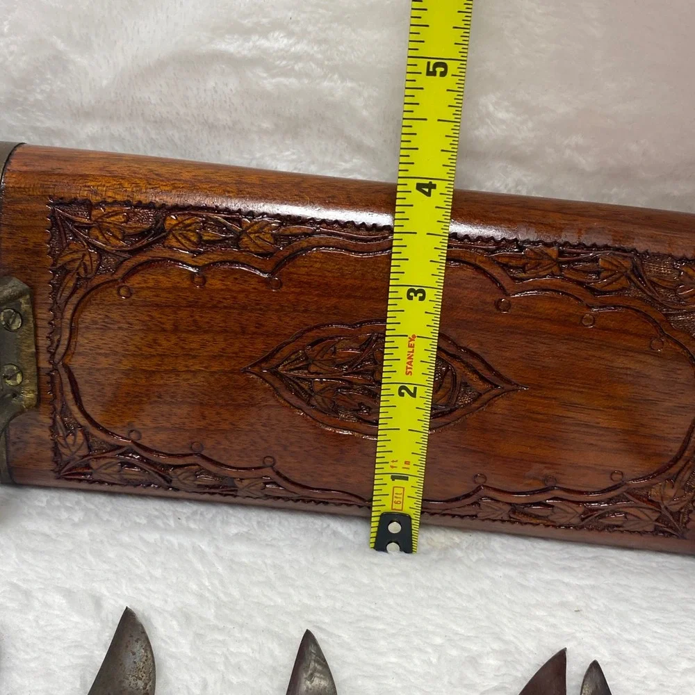 Vintage Carved Wood Steak‎ Knives Set with Box, Antique Serving Knives, Set of 6